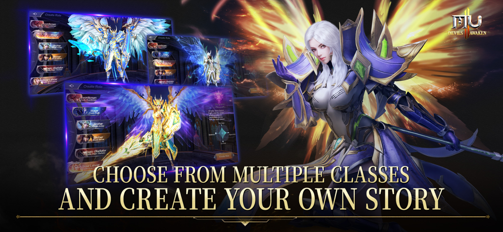 MU: Devils Awaken - A promotional graphic for MU Devils Awaken showing multiple character class selection screens and a female warrior with large glowing golden wings.