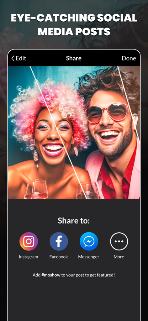 MoShow Slideshow Maker Video - Écran de partage de diaporama MoShow montrant les options pour publier des vidéos de diaporama accrocheuses sur Instagram, Facebook et Messenger