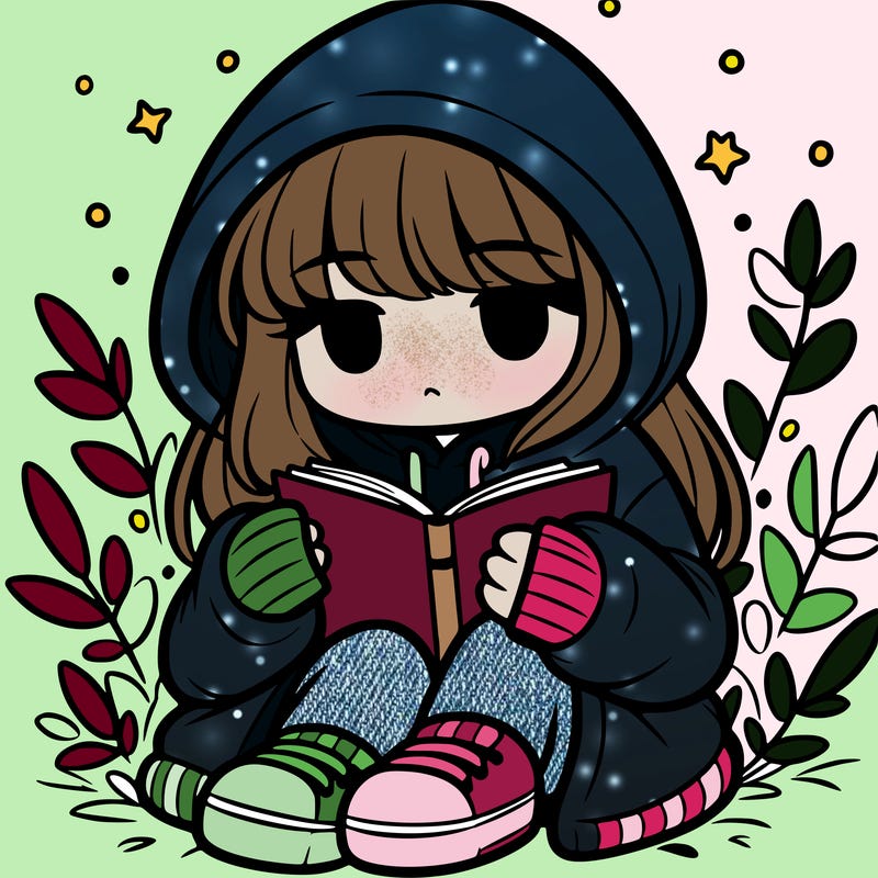 girl in oversized hoodie reading a book