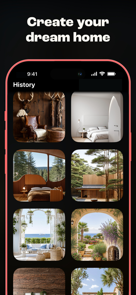 Al Interior Design - Deco - 다양한 AI 생성 실내 및 실외 주택 디자인 갤러리를 보여주는 Deco 앱의 기록 화면.