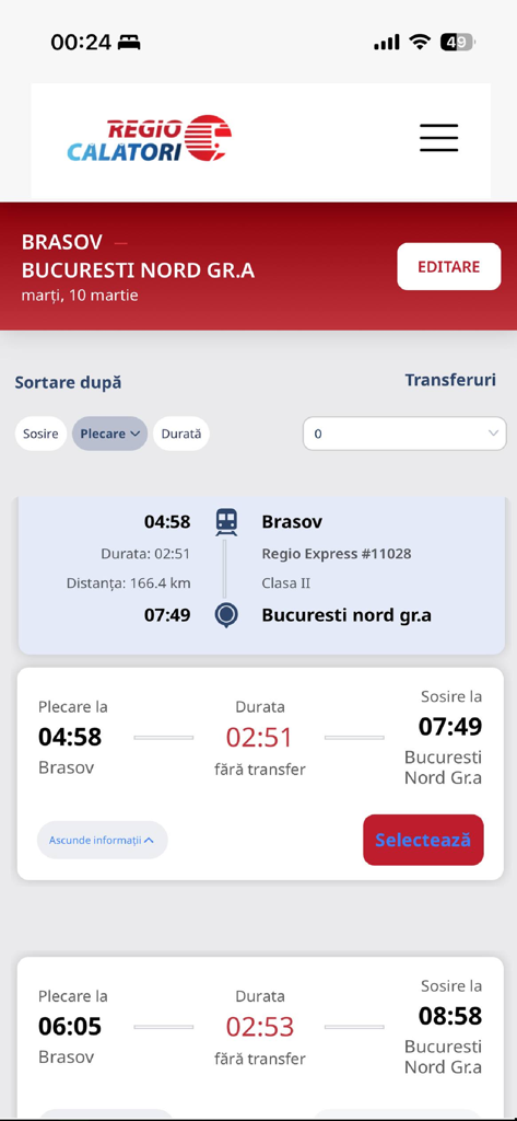 Regio Călători - Regio Calatori mobile app interface showing train search results from Brasov to Bucharest with departure times and prices.