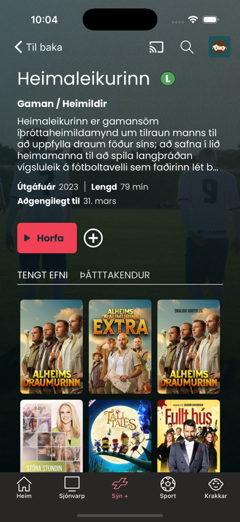 SÝN Sjónvarp - Movie details page for the documentary Heimaleikurinn on the SYN Sjonvarp mobile app