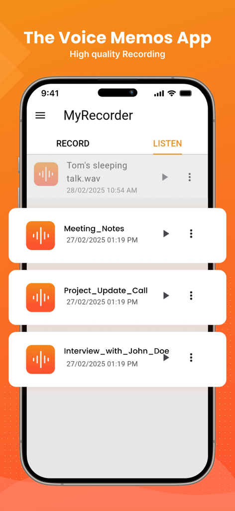 The voice memos app - Pantalla de smartphone que muestra una lista de notas de voz guardadas y grabaciones de audio
