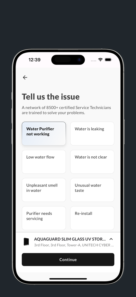 Aquaguard app interface for selecting water purifier issues and booking a service technician.