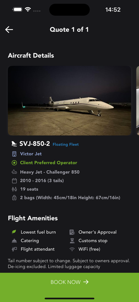 Victor app interface showing a private jet charter quote with aircraft details and amenities for a Challenger 850