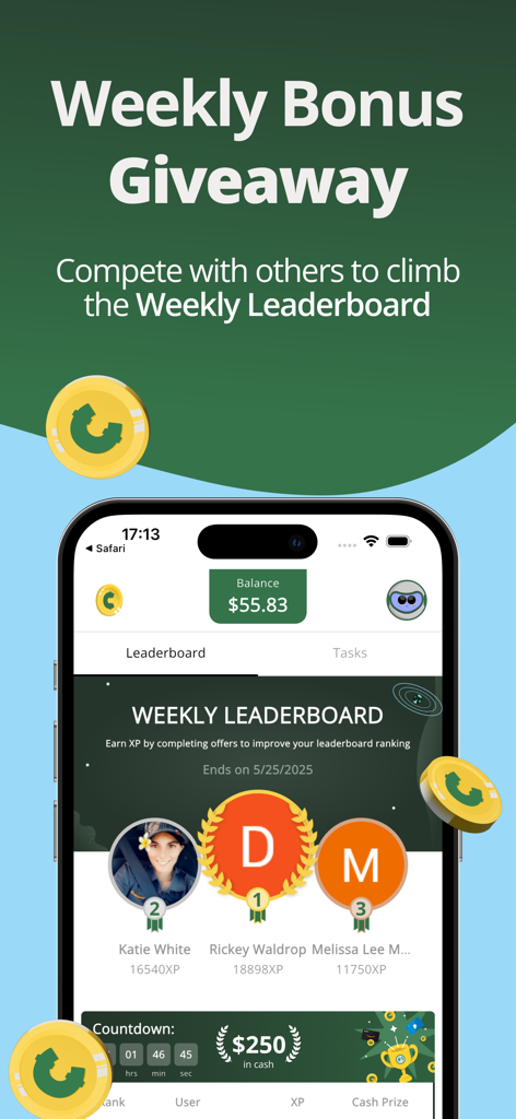 myCashery: Earn Money - Pantalla de teléfono inteligente que muestra la tabla de clasificación semanal de la aplicación myCashery con los principales ganadores y una cuenta regresiva de premio en efectivo de doscientos cincuenta dólares.