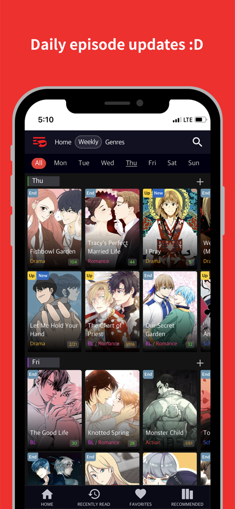 Toomics - Unlimited Comics - Interface do aplicativo Toomics mostrando um cronograma semanal de atualizações diepisódios de webtoon com vários gêneros de quadrinhos