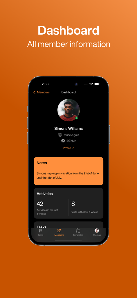 EGYM Trainer app dashboard showing member profile and fitness activity statistics
