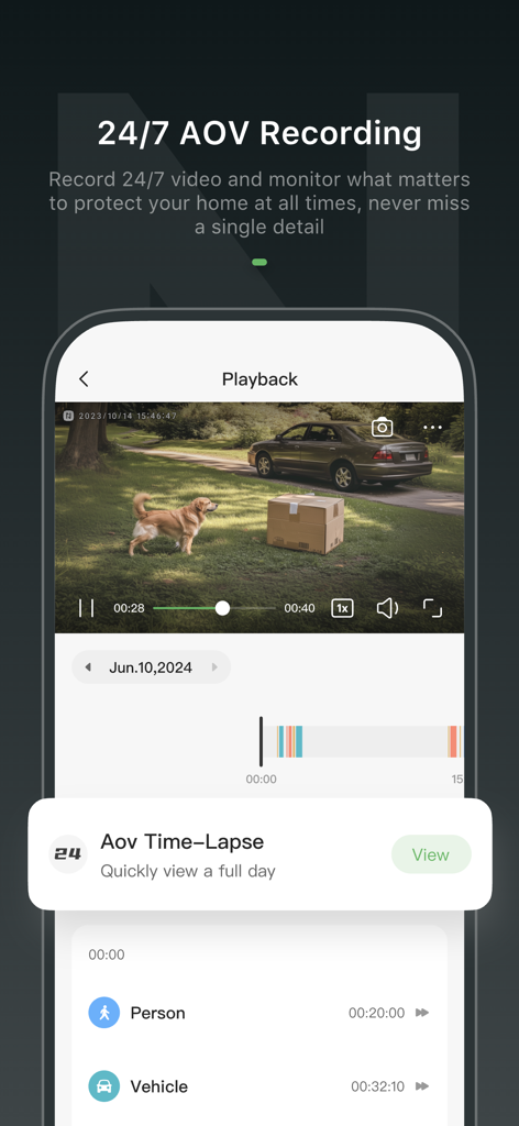 Anona Security - Anona Security app interface displaying 24/7 video recording playback of a dog and a package in a yard