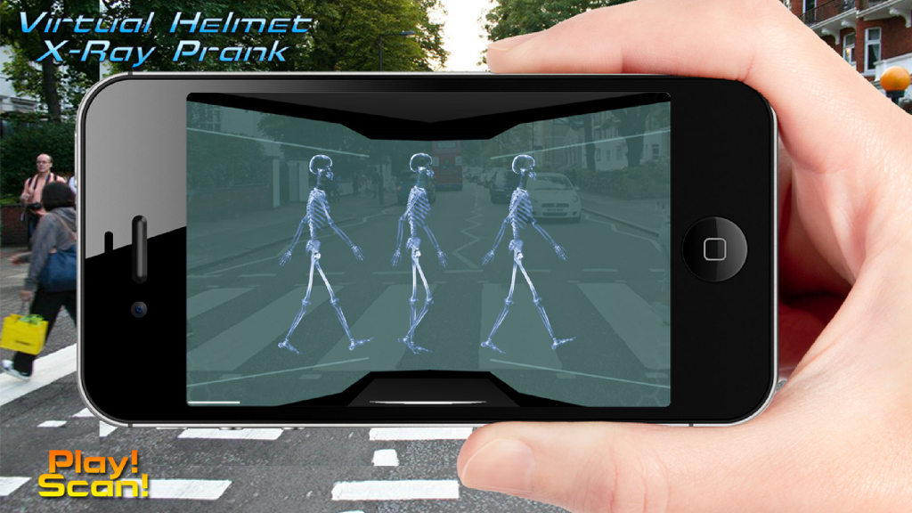 A hand holding a smartphone showing an X-ray vision prank app with skeletons walking across a city street
