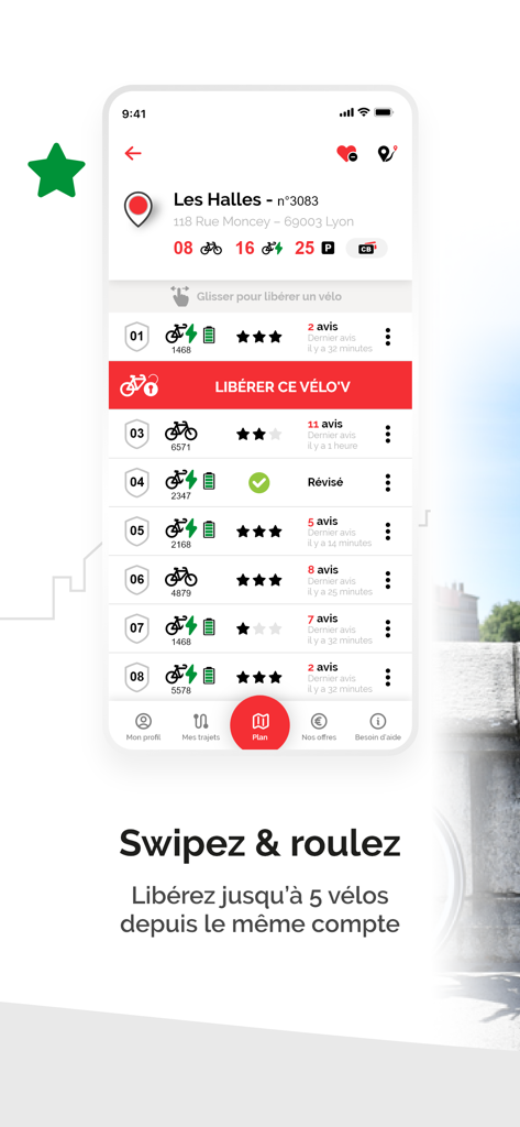 Interface of the Vélo’v app showing available bikes at a station with a red unlock button.
