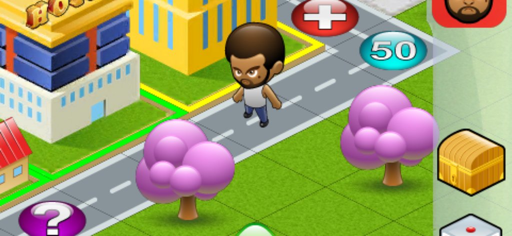MILLIONAIRE TYCOON™ - Capture d'écran du jeu Millionaire Tycoon montrant un avatar de personnage sur une carte de jeu de société avec des bâtiments et des arbres
