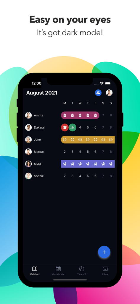 Timetastic - Timetastic app interface in dark mode showing the employee leave wallchart calendar