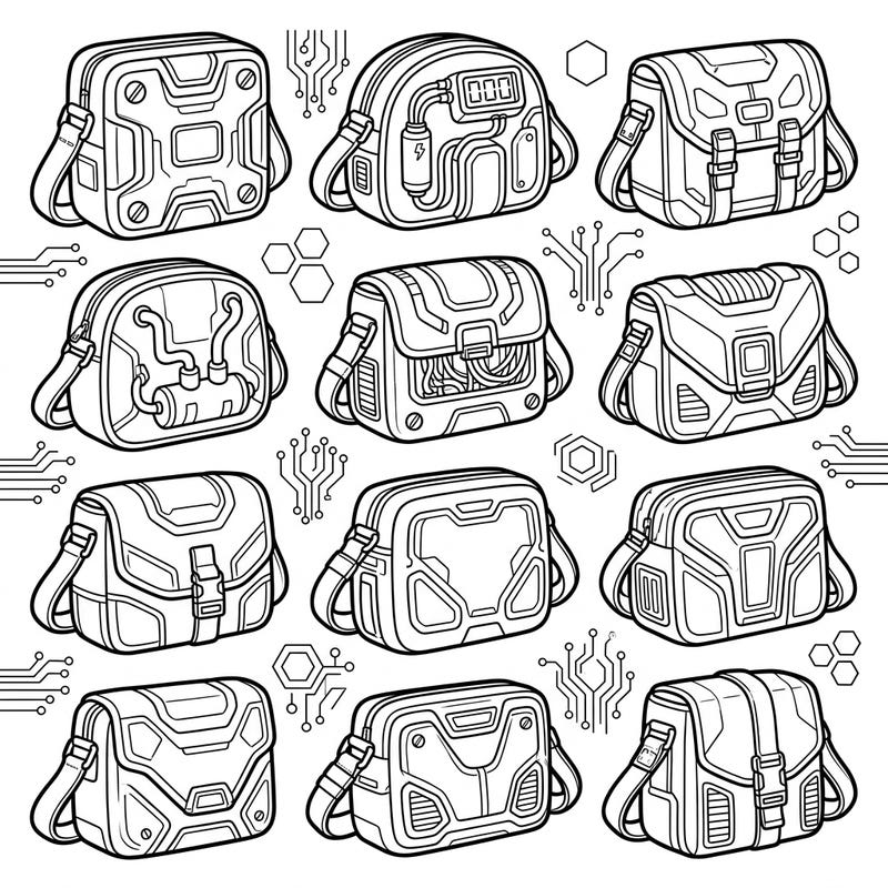 Explore a collection of super cool cyberpunk mini bags, ready for a splash of color! These futuristic designs, complete with wires and circuits, offer a thrilling coloring adventure for young imaginations.