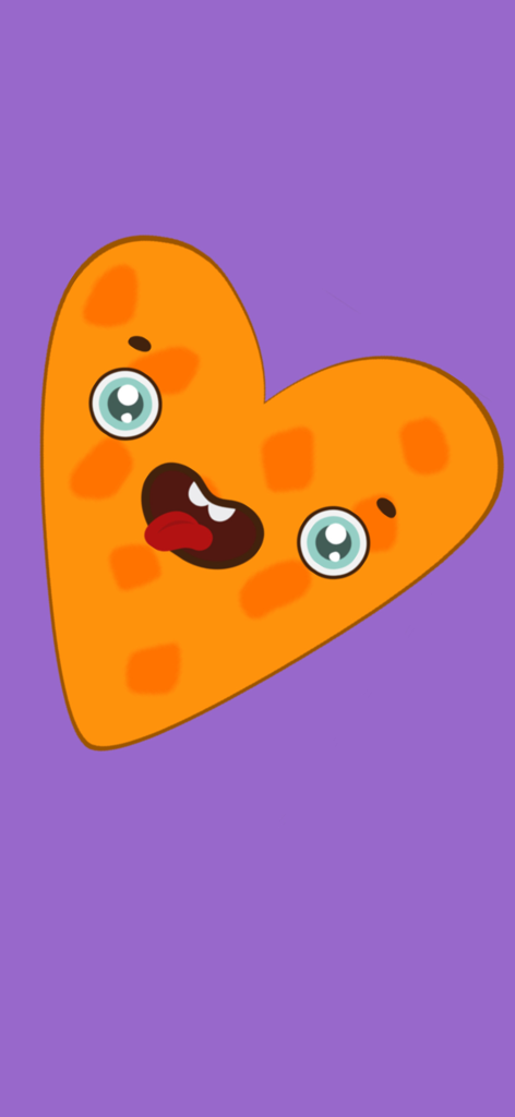My funny RATTLE for baby! - A friendly orange heart character with a silly face on a purple background.