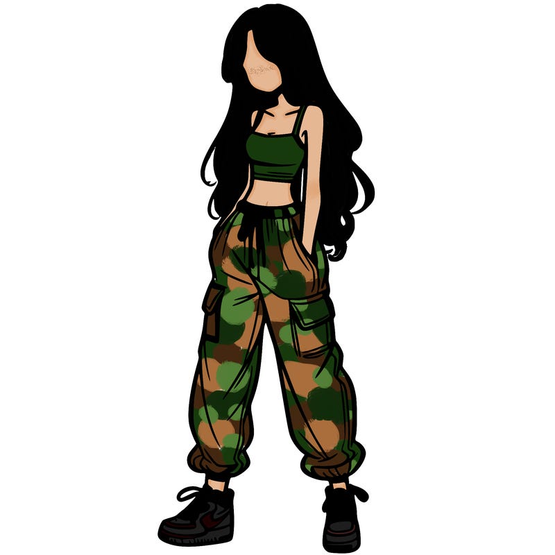 girl in baggy pants crop top and long hair