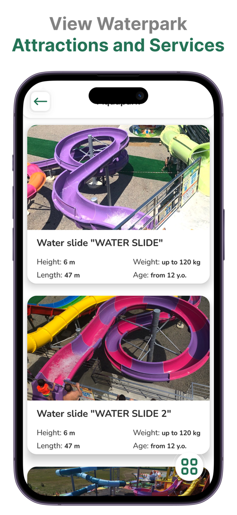 Screenshot dell'app Kosino che mostra un elenco di scivoli del parco acquatico con i requisiti di altezza ed età
