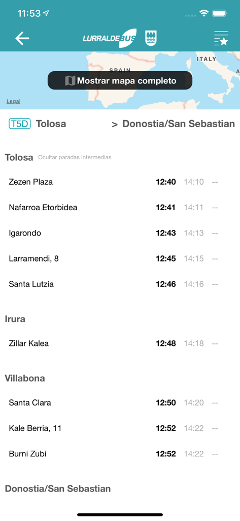 Una interfaz de aplicación móvil mostrando un horario de autobús de Tolosa a San Sebastián con tiempos de llegada para diferentes paradas