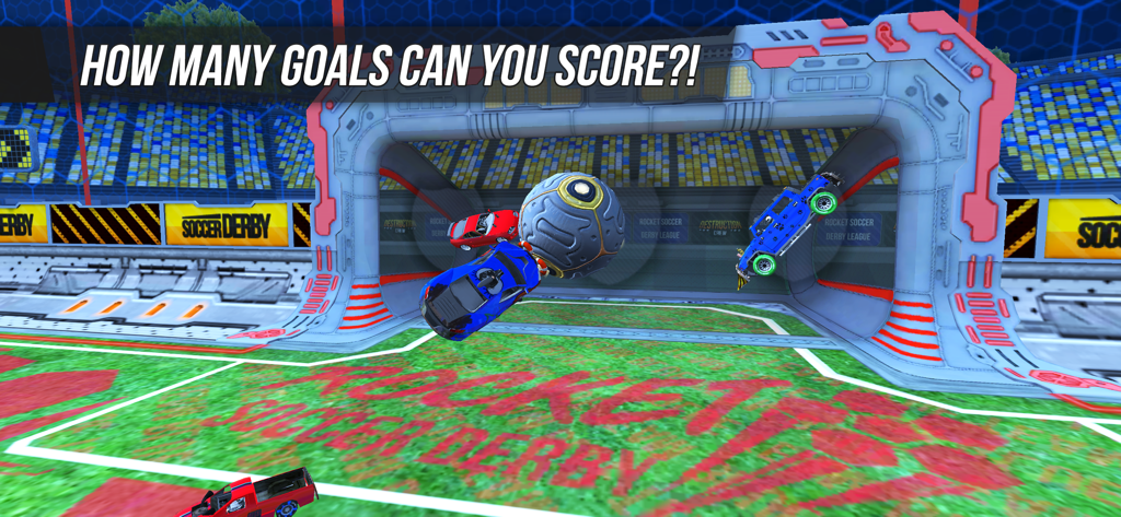 Cars hitting a soccer ball toward a goal in Rocket Soccer Derby gameplay