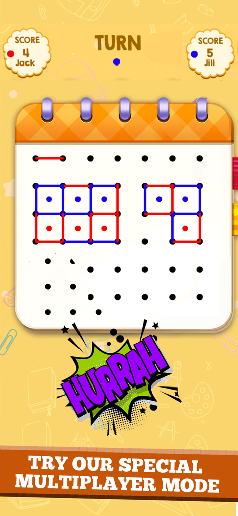 Multiplayer gameplay of Dots and Boxes showing score and connecting lines