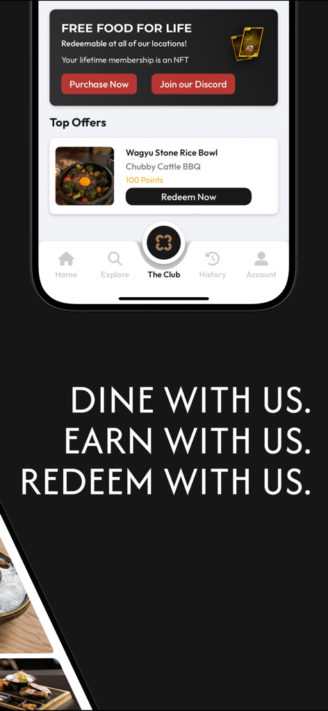 Chubby Club app interface showing dining rewards and membership perks