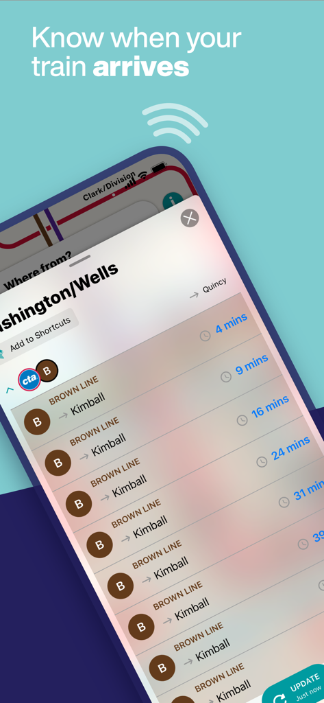 Chicago L Metro Map - Chicago L Metro app screen showing real-time train arrival times for the Brown Line