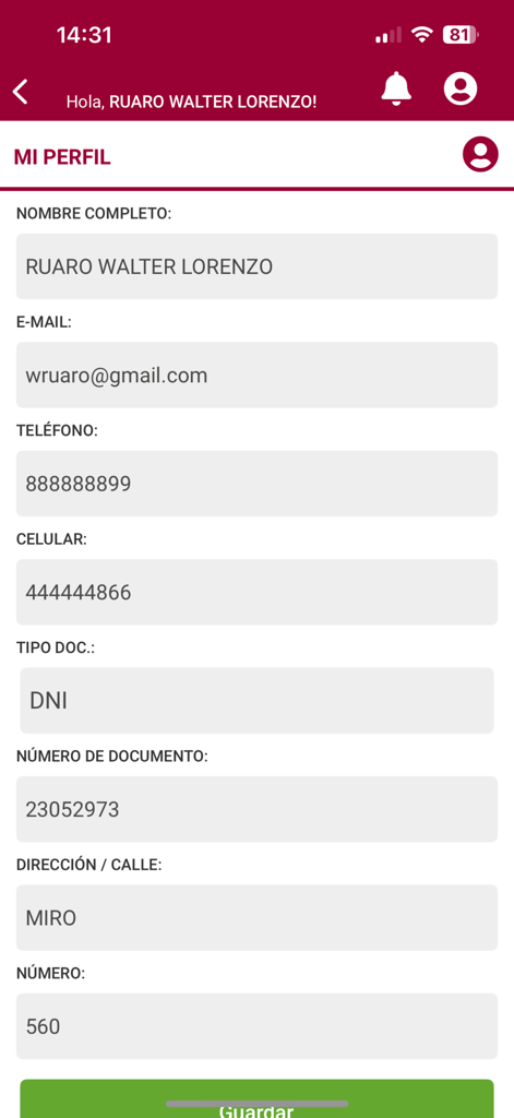 Mi Penta Virtual - Interfaz del perfil de usuario en la app de salud Mi Penta Virtual.