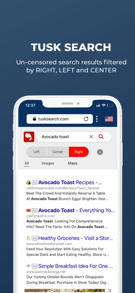 TUSK Search - TUSK Search app interface showing search results with Right Left and Center viewpoint filters