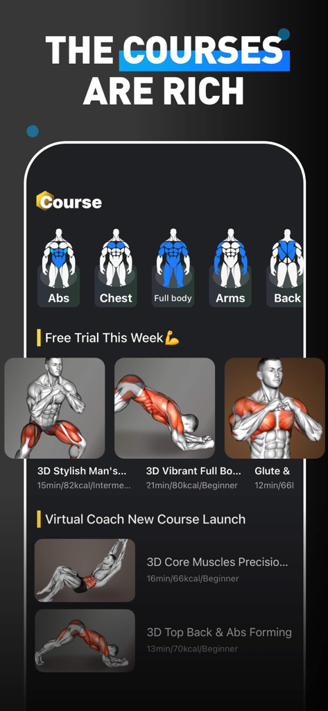 MuscleMaxme app interface showing workout courses for abs chest and arms with 3D anatomical exercise tutorials