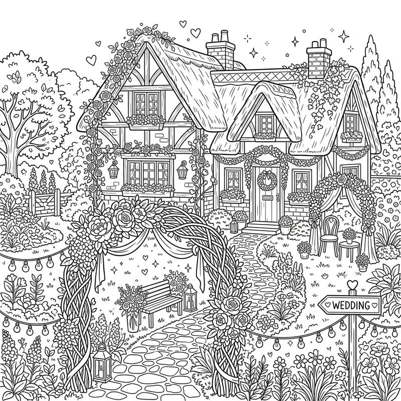 Immerse yourself in the magic of a romantic wedding set in a picturesque garden cottage. This intricately designed coloring page invites you to bring vibrant life to a scene filled with love and floral beauty.