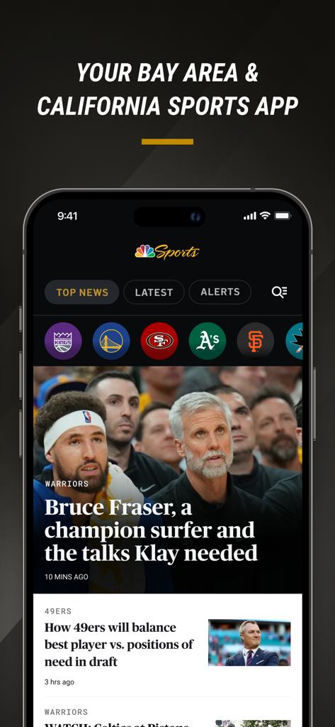 NBC Sports Bay Area & CA - Home screen of the NBC Sports Bay Area and CA app showing local sports headlines and team icons