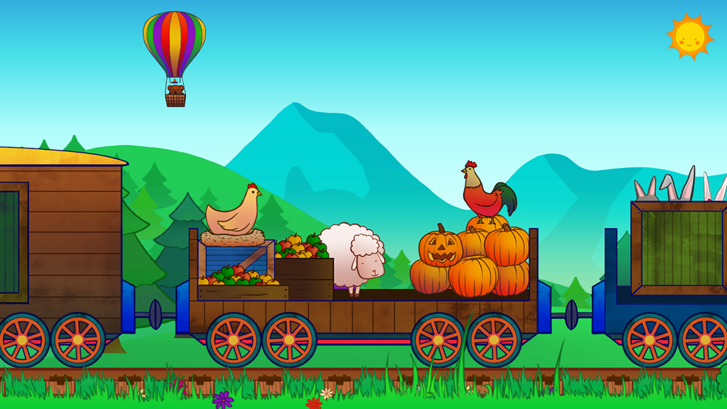 Animal Train for Toddlers - A colorful cartoon train carrying a hen, sheep, rooster, and pumpkins through a bright mountain landscape
