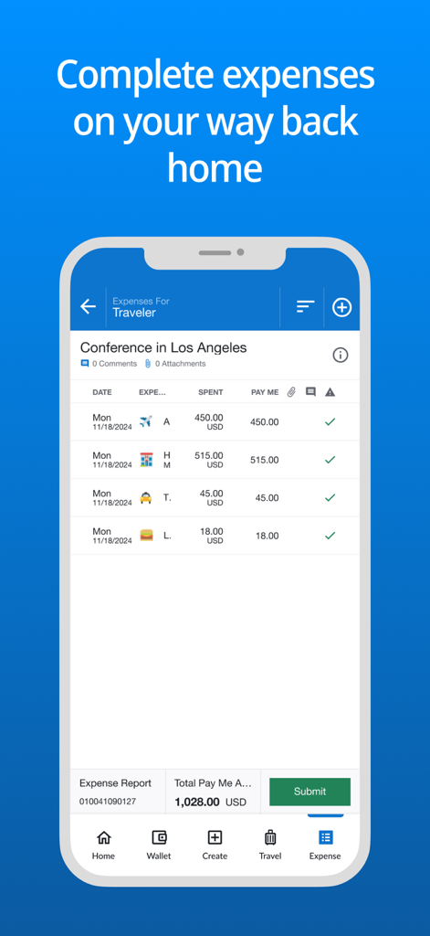 Emburse Enterprise app displaying a detailed business expense report for a Los Angeles conference with a submit button.