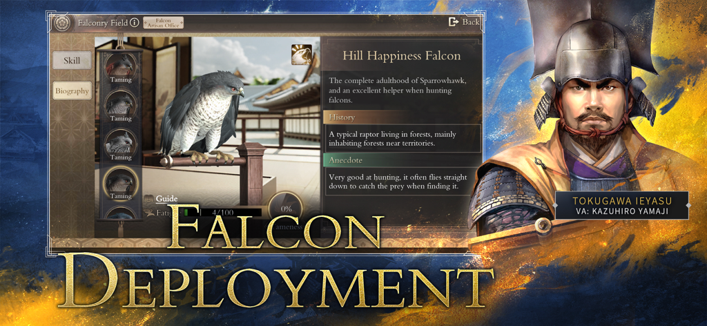 New Nobunaga's Ambition - Falcon deployment system in New Nobunaga's Ambition showing falcon training and Tokugawa Ieyasu