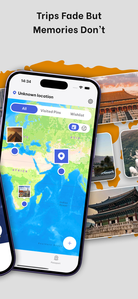 been: countries visited map - Uno smartphone che visualizza una mappa del mondo con segnaposti di viaggio e foto nell'app been