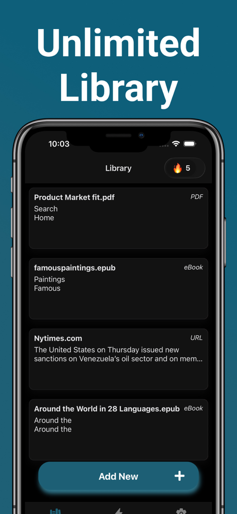 Bio Reading - Fast Read - Uno screenshot del telefono mobile della libreria dell'app Bio Reading che mostra un elenco di PDF, eBook e link web salvati per la lettura veloce.