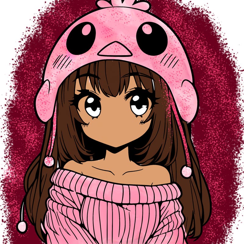 anime girl with chick shaped hat with sweater with bare shoulders with bangs covering them one eye with low tail
