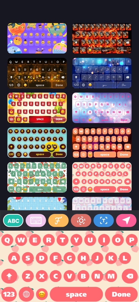 Fonts & Emoji Keyboard. - Una colección de temas de teclado personalizados coloridos y estéticos, incluyendo patrones de fuego emoji y florales