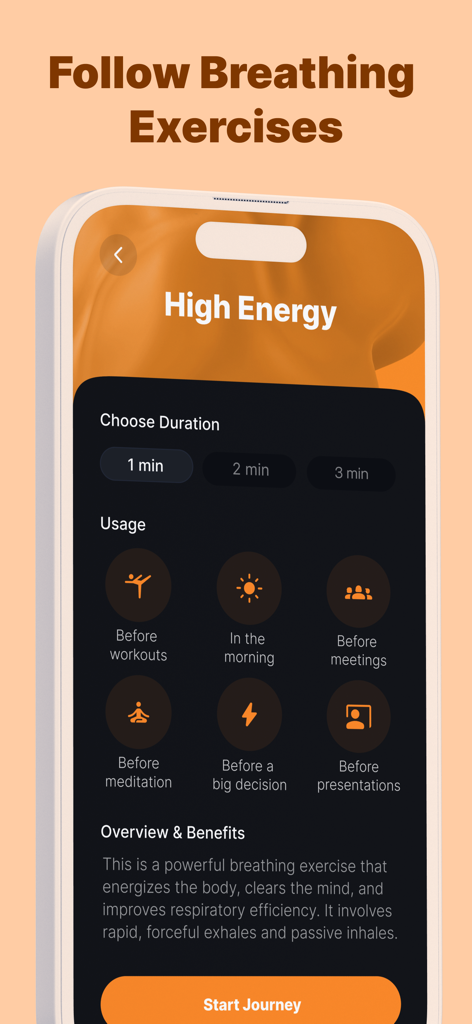 Breathe App screen for High Energy exercises showing session duration options and usage scenarios such as before meetings or workouts
