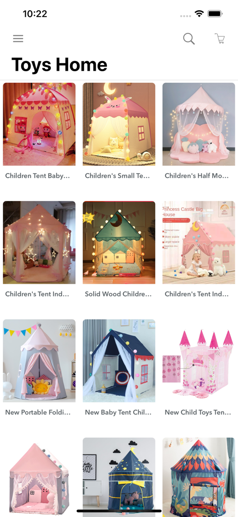 Cheap Toys Store Online - Interfaz de la aplicación móvil de Cheap Toys Store Online que presenta una variedad de carpas de juego decorativas para niños y casas de juegos interiores.