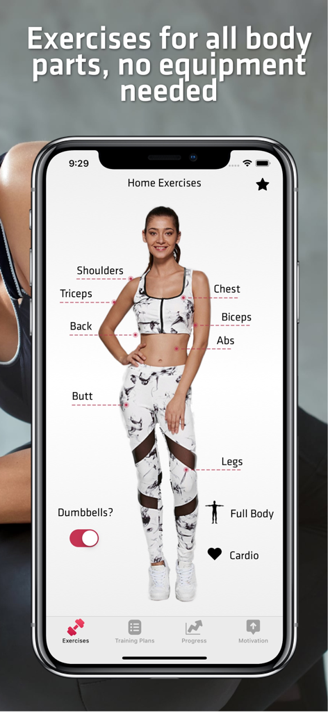 Home Workout For Women - Interface of the Home Workout For Women app showing a woman with body part labels for targeted exercise selection
