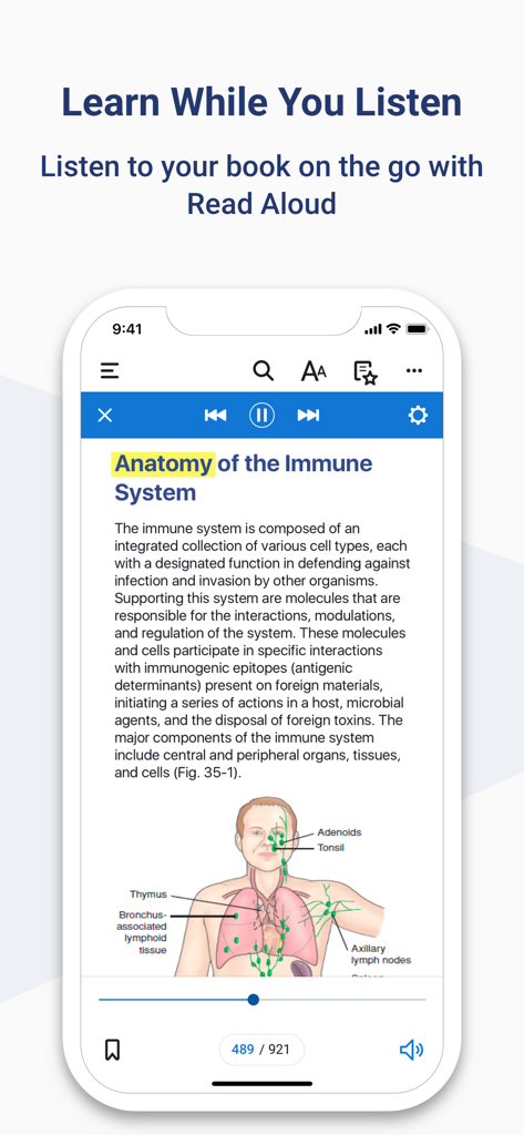 Yuzu eReader - Yuzu eReader app interface showing the Read Aloud text to speech feature on an anatomy textbook