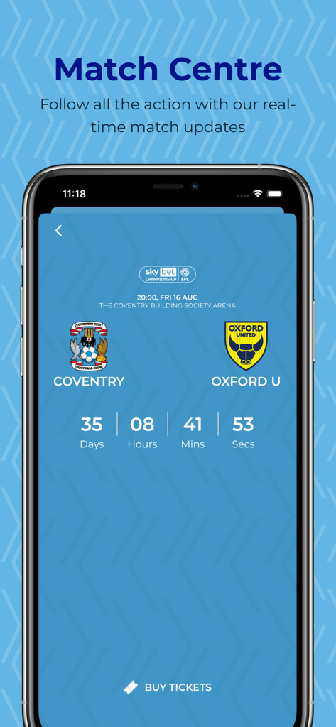 Coventry City FC - コヴェントリー・シティFCアプリの試合センター画面。オックスフォード・ユナイテッド戦の試合までのカウントダウンを表示。