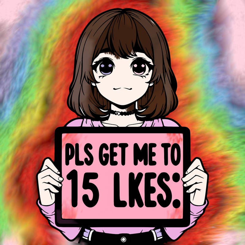 realistic girl holding up a sign that says “pls get me to 15 likes!”