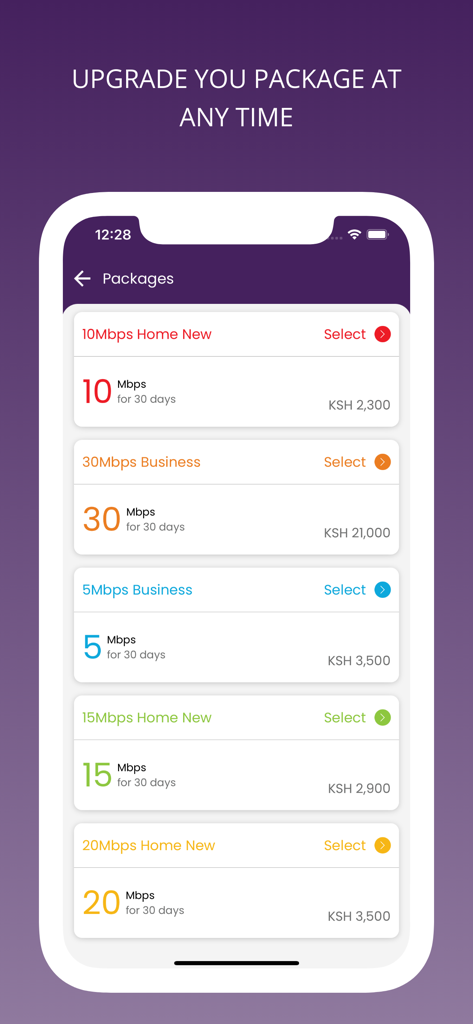 VGG Connect: Fibre Internet - Pantalla móvil de la aplicación VGG Connect mostrando varios paquetes de internet de fibra para el hogar y negocios con precios
