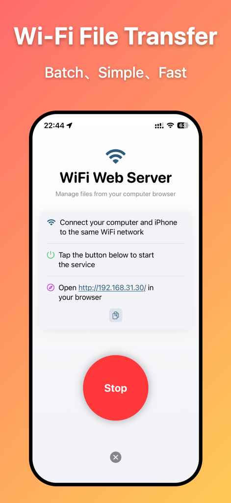 SafeFolder - File Manager - SafeFolder mobile app showing the WiFi file transfer screen for managing files wirelessly on a computer.