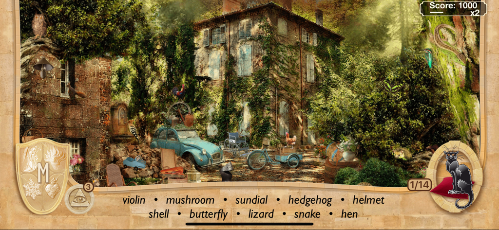 A hidden object gameplay scene featuring a rustic ivy-covered house, a vintage blue car, and a list of items to find at the bottom.
