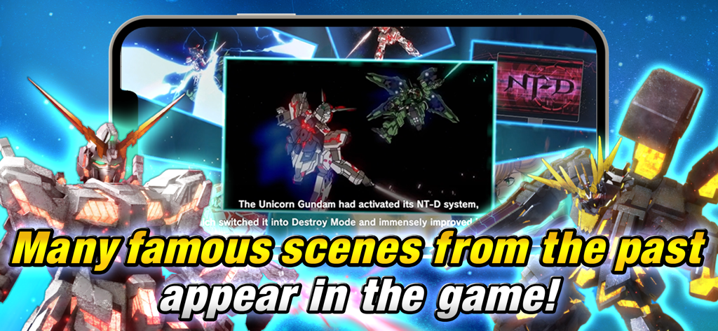 MOBILE SUIT GUNDAM U.C. ENGAGE - A screen from Mobile Suit Gundam UC Engage showing iconic anime scenes and 3D models of the Unicorn Gundam.