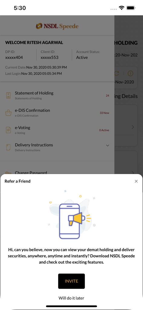 NSDL Speede app main menu showing a referral pop up window