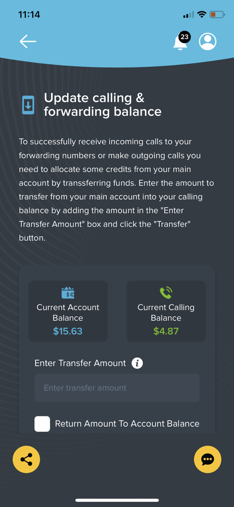 SMSCodes.io - SMSCodes 앱 인터페이스로 통화 및 전달 잔액을 업데이트하기 위해 자금을 이체하는 옵션이 표시됩니다.